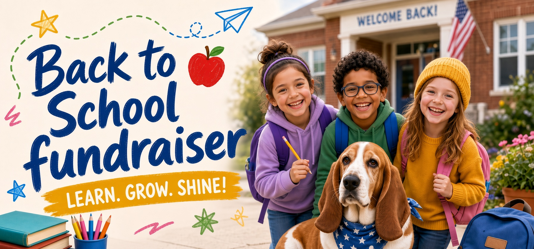 Back to School. Learn. Grow. Shine. Wash Hounds mascot and kids ready for school.