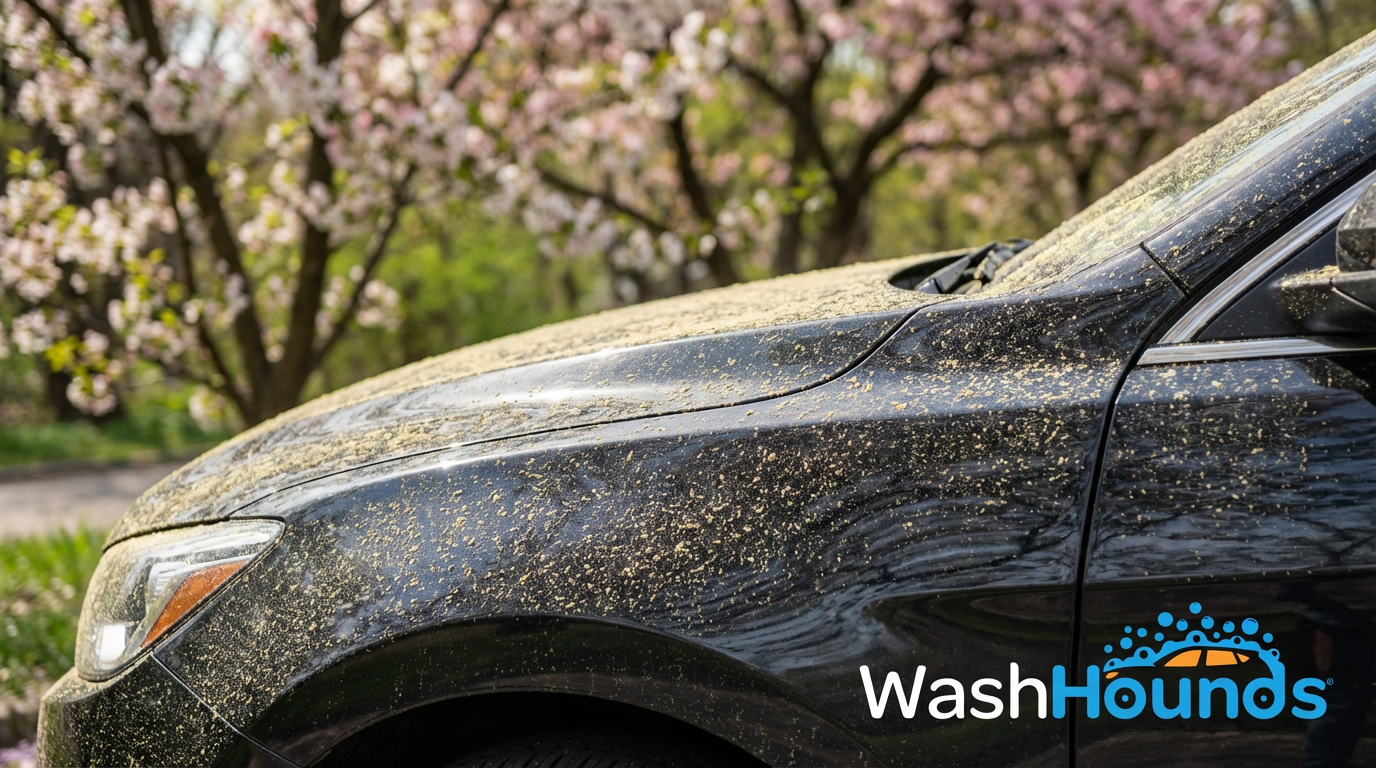 Close-up of a car's dark paint heavily coated in a thick, yellow layer of pollen, with a blurred bac