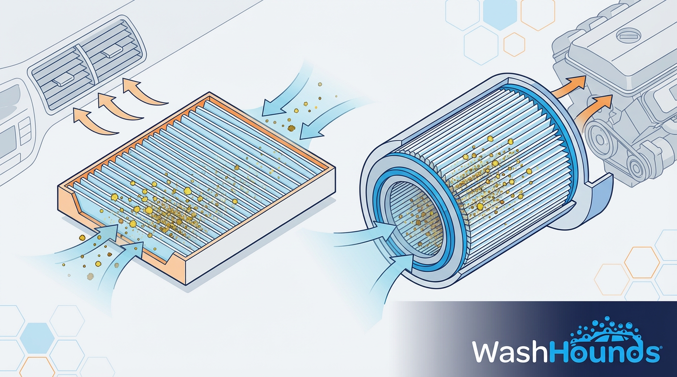 Cutaway diagram of a car's engine air filter and cabin air filter, showing how pollen collects and c