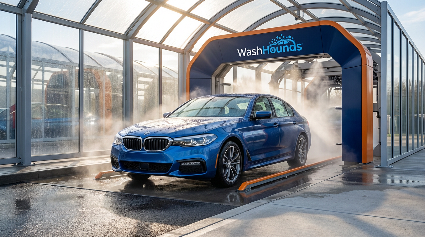 A shiny, clean blue car driving away from a detailed, modern car wash tunnel with water still drippi